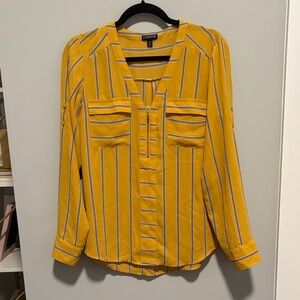 Express Mustard Yellow and Navy Striped Blouse with Gold Zipper